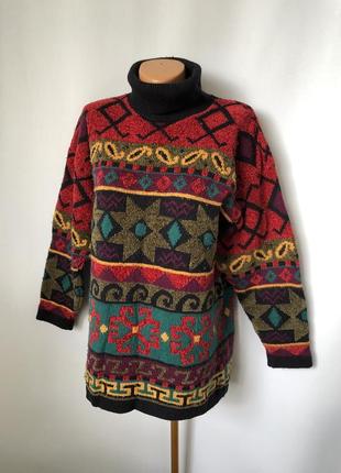 Винтаж 90е яркий свитер джемпер из пряжи шанель узор орнамент геометрический с горлом richars