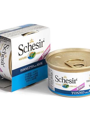 Schesir kitten tuna with aloe шезир тунец с алоэ в желе натуральные консервы для котят, влажный корм, банка