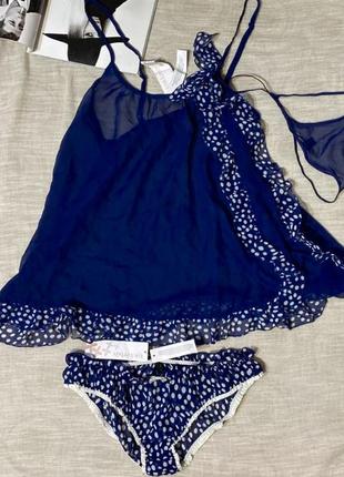 Knickerbox новый шикарный синий комплект (полупрозрачный пеньюар и 2 пары трусиков(одные из них - стринги)