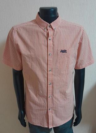 Модная хлопковая рубашка с короткими рукавами в оранжево - белую клетку superdry made in india