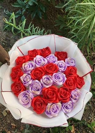 Букет,атласные розы,букет из атласных лент