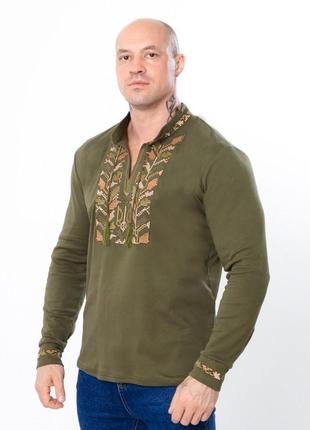 Мужская патриотическая вышиванка с гербом с длинным рукавом хаки