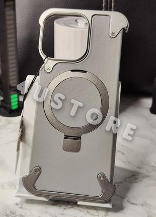 Чехол metal frame leather case with magsafe на iphone 15 pro max кожаный металлический с кольцом подставкой премиум класса серый