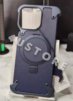 Чехол metal frame leather case with magsafe на iphone 15 pro max кожаный металлический с кольцом подставкой премиум синий