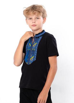 🩵💛черная патриотическая трикотажная вышиванка для мальчиков с флагом и гербом, вышитая рубашка, футболка с украинской символикой