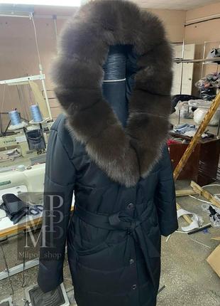 Женский длинный черный пуховик urban с натуральным мехом финского песца, 42-54 размеры