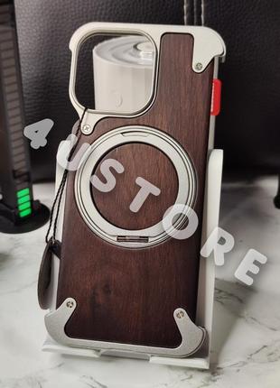 Чохол metal frame wood walnut magsafe на iphone 15 pro max металевий дерев'яний з кільцем із підставкою