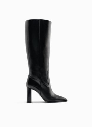 Кожаные классические сапоги zara, черного цвета