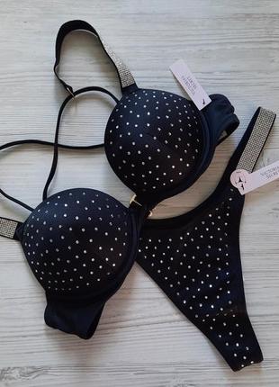 Черный купальник victoria's secret bombshell двойной пуш-ап стразы со стразами стринги 34а xs2 фото