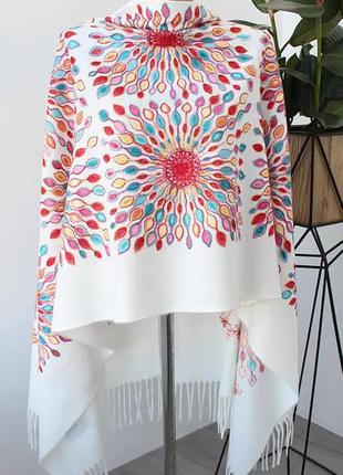 Кашемировый шарф с шелковой вышивкой жар птица, молочный