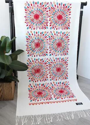 Кашемировый шарф с шелковой вышивкой жар птица, молочный