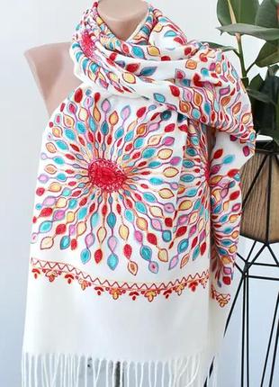 Кашемировый шарф с шелковой вышивкой жар птица, молочный