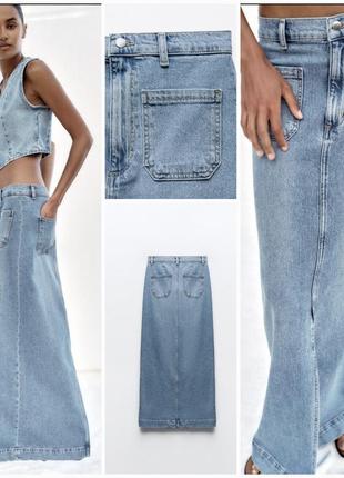 Длинная джинсовая юбка z 1975 с накладными карманами от zara. новая коллекция