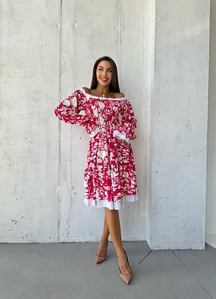 Сукня (плаття) жіноча по коліна в квіти 42-52 темно-синя, молочно-чорна, малина (рожева)