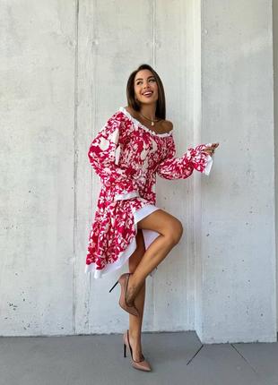 Сукня (плаття) жіноча по коліна в квіти 42-52 темно-синя, молочно-чорна, малина (рожева)