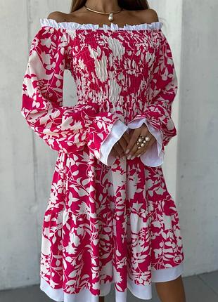 Сукня (плаття) жіноча по коліна в квіти 42-52 темно-синя, молочно-чорна, малина (рожева)