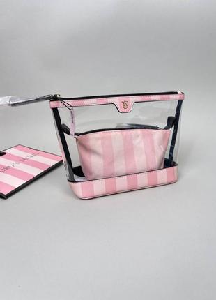 Косметичка victoria's secret 2 в 1 piece makeup bag pink stripe