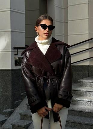 Жіноча шкіряна дублянка з поясом, класична зі шкіри, базова, зимова, утеплена,...