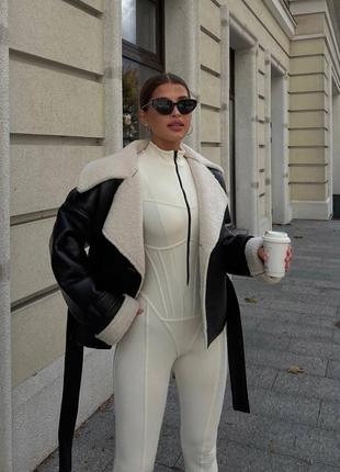 Жіноча шкіряна дублянка з поясом, класична зі шкіри, базова, зимова, утеплена,...