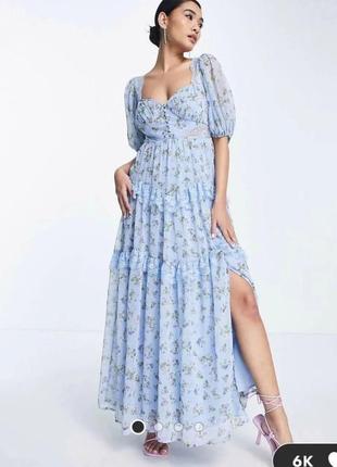 Голубое чайное платье миди с открытой спиной и кружевными вставками asos design
