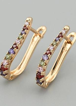 Сережки "агінія" із медичного золота з різнобараними фіанітами