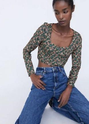 Корсетный топ zara, топ с длинными рукавами топ в цветочный принт, топ корсетного типа, цветочный топ укороченный, стильный топ с чашками