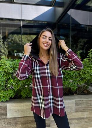 Сорочка (рубашка) жіноча тепла з капюшоном кашемір в клітинку 42-52 бордова, червона