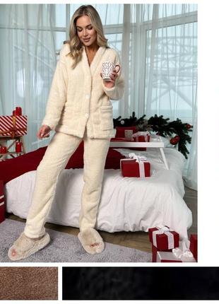 Пижама теплая мягкая плюшевая махровая комплект для дома домашний костюм кофта кардиган штаны ткань двухсторонняя махра черный малина бежевый капучино