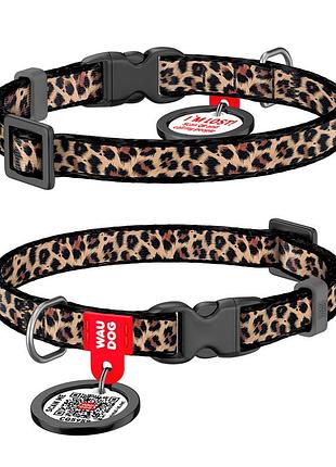 Ошейник для котов и мелких пород собак нейлоновый waudog nylon c qr паспортом, рисунок "леопард", пластиковый