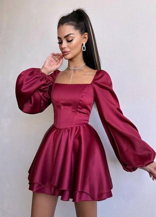 Атласное корсетное платье с объемными рукавами и пышной юбкой, атласное платье с корсетом, платье мини с двойной юбкой из атласа