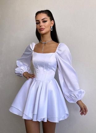 Атласное корсетное платье с объемными рукавами и пышной юбкой, атласное платье с корсетом, платье мини с двойной юбкой из атласа