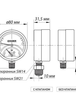 Термо-манометр радіальний (koer km.821r) (0-4 bar), d = 80мм, 1/2'' (kr0213)2 фото