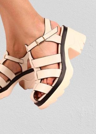 Босоножки женские на платформе бежевые на удобном устойчивом каблуке повседневные женские открытые босоножки