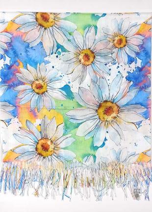 Хустка демісезонна бавовняна весняна світла осіння з квітами з китицями герберами нова