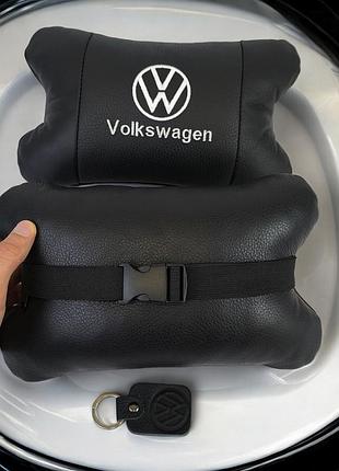 Автомобильные подушки на подголовник 2 шт с логотипом volkswagen автоподушка в машину дорожная под шею кожаная