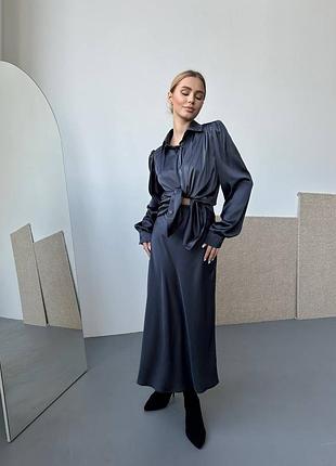 Стильный классический женский костюм двойка рубашка+юбка шелк армани