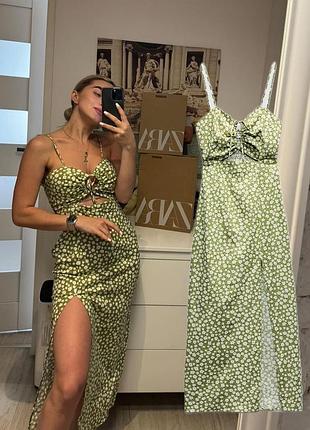 Невероятное платье zara меди, лён, с разрезом на ножку