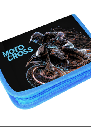 Шкільний пенал hipe для хлопчика твердий з двома відворотами мото крос чорний