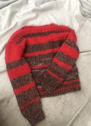 Джемпер свитер вязаный ручная работа в полоску красный