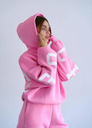 Не кошлатиться ❤️хітовий теплий спортивний костюм chicago рожевого кольору з білим...