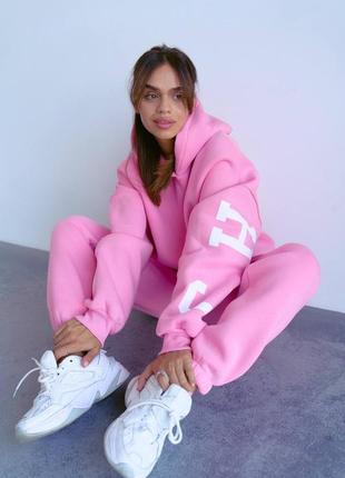 Не кошлатиться ❤️хітовий теплий спортивний костюм chicago рожевого кольору з білим...