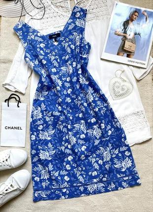 Льняное синее платье сарафан без рукавов h&m в цветочный принт с карманами с мережкой