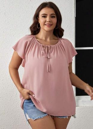 Ніжна блуза вільного крою кругла горловина на зав'язці короткі пишні рукава блузка пудрового кольору рожева6 фото