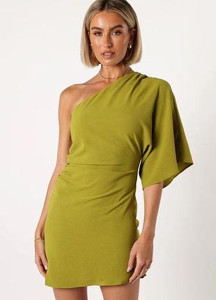 Сукня на одне плече з драпіруванням оливкове плаття вільне