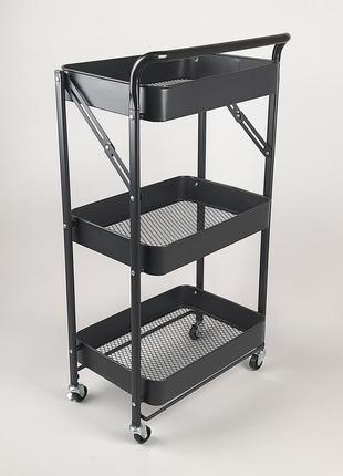 Этажерка стеллаж металлический черного цвета на 3 полки на колесах