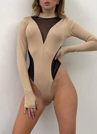 Стильное асимметричное новое базовое женское боди сетка с рукавом, рукавами🔥 черное, бежевое