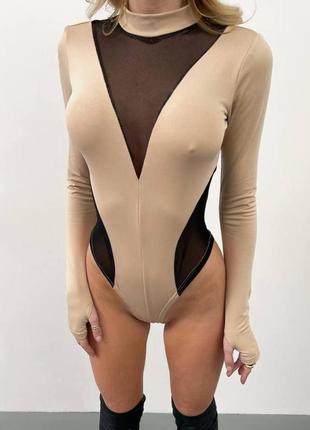 Стильное асимметричное новое базовое женское боди сетка с рукавом, рукавами🔥 черное, бежевое