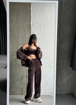 Костюм тройка 3в1 топ кофта на замке бомбер худи и штаны велюр