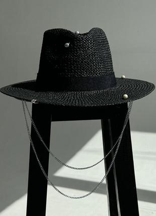 Капелюх федора жіночий d.hats з рафія з подвійним ланцюгом серебро чорний