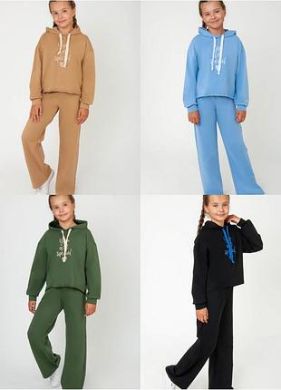 Спортивний костюм з широкими штанами кльош, стильний костюм фісташковий, спортивный костюм с широкими штанами клеш, штани палаццо та худі